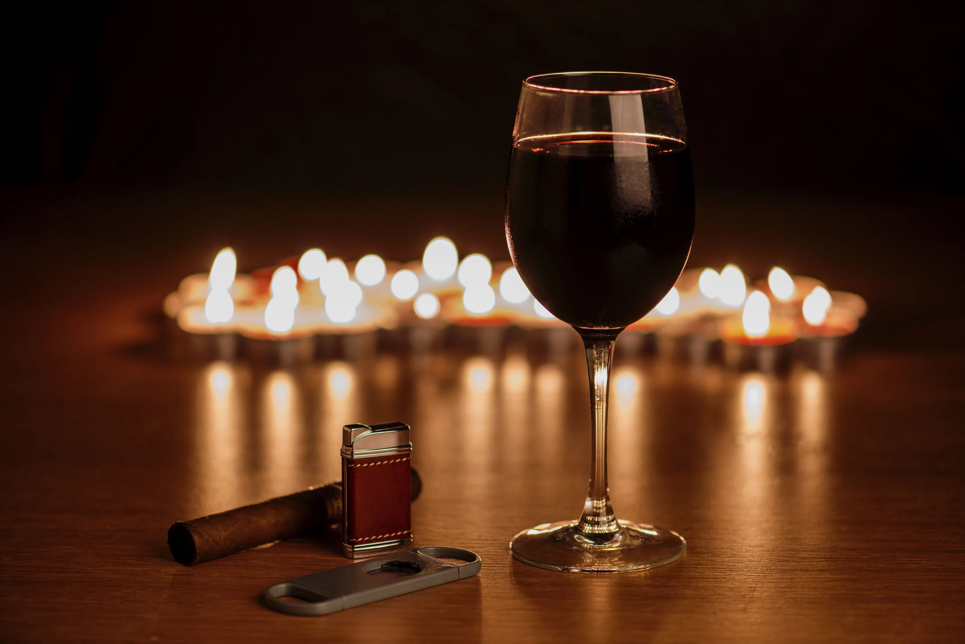 Red Wine, Cigar and candle lights