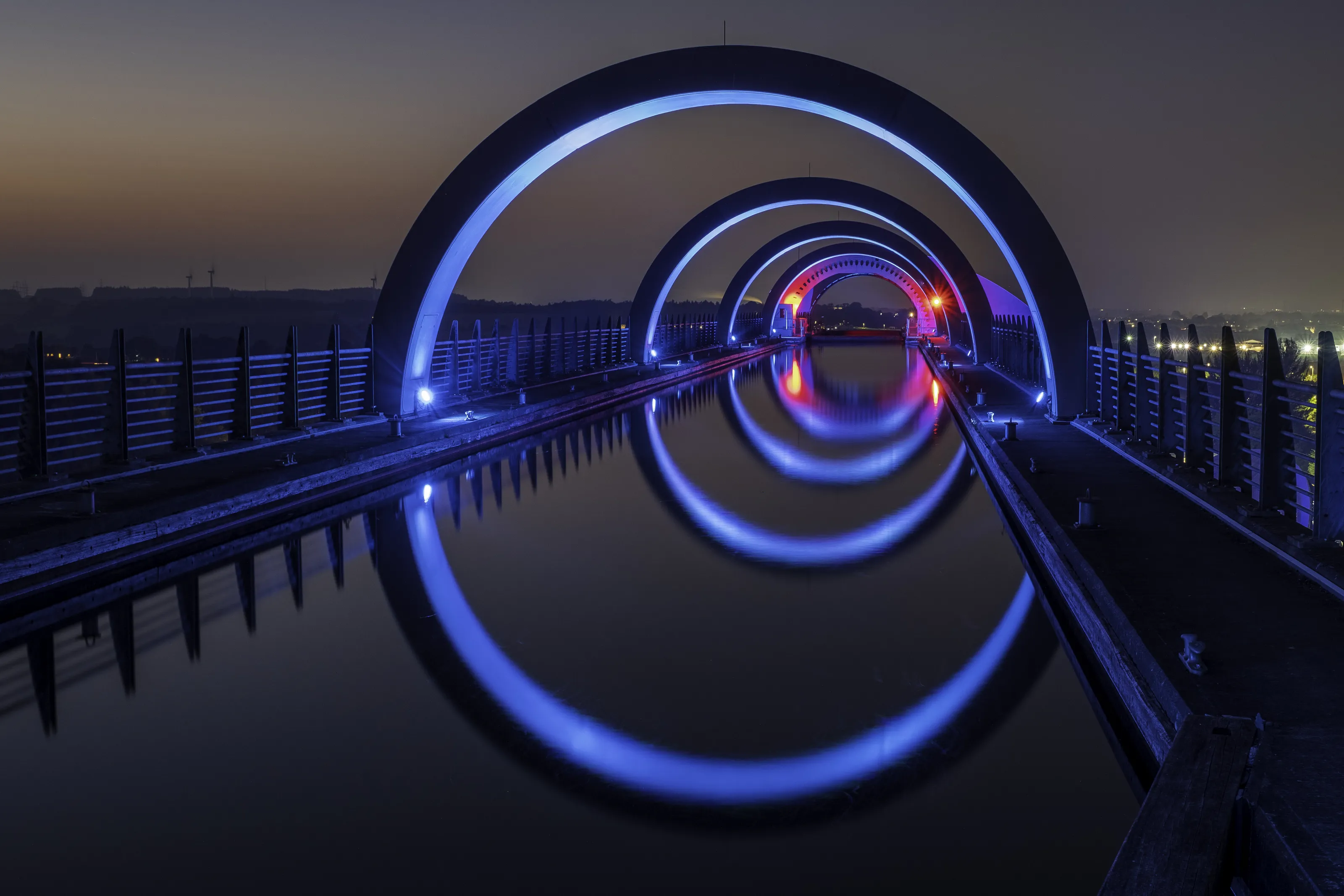 The Falkirk Wheel on the Union Canal at Dusk in Scotland