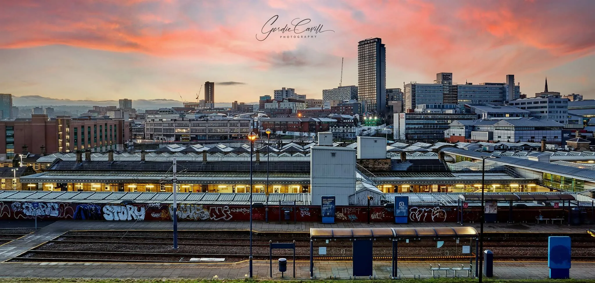Sheffield train station, tram stop and skyline