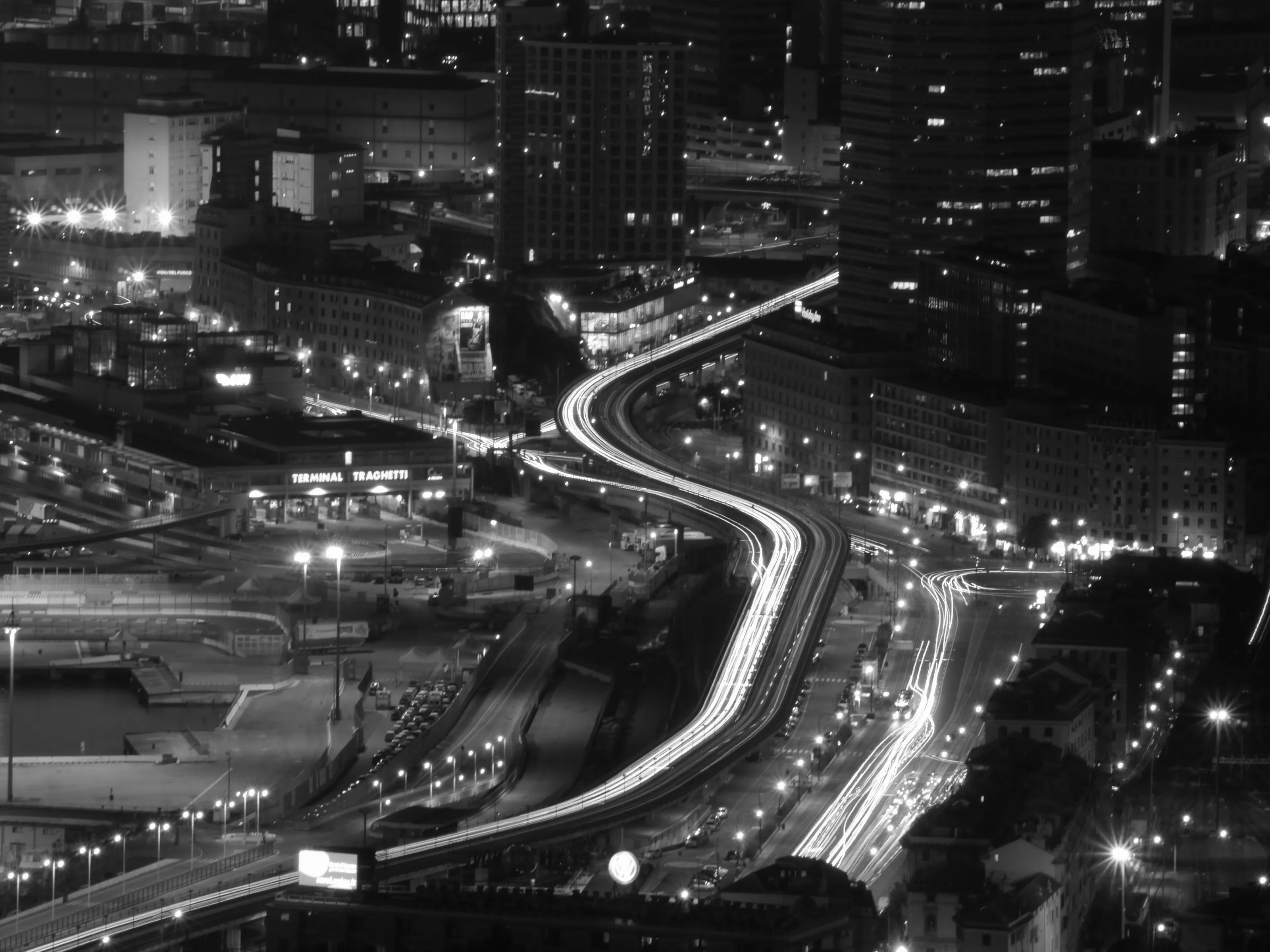 Genoa by night in bw