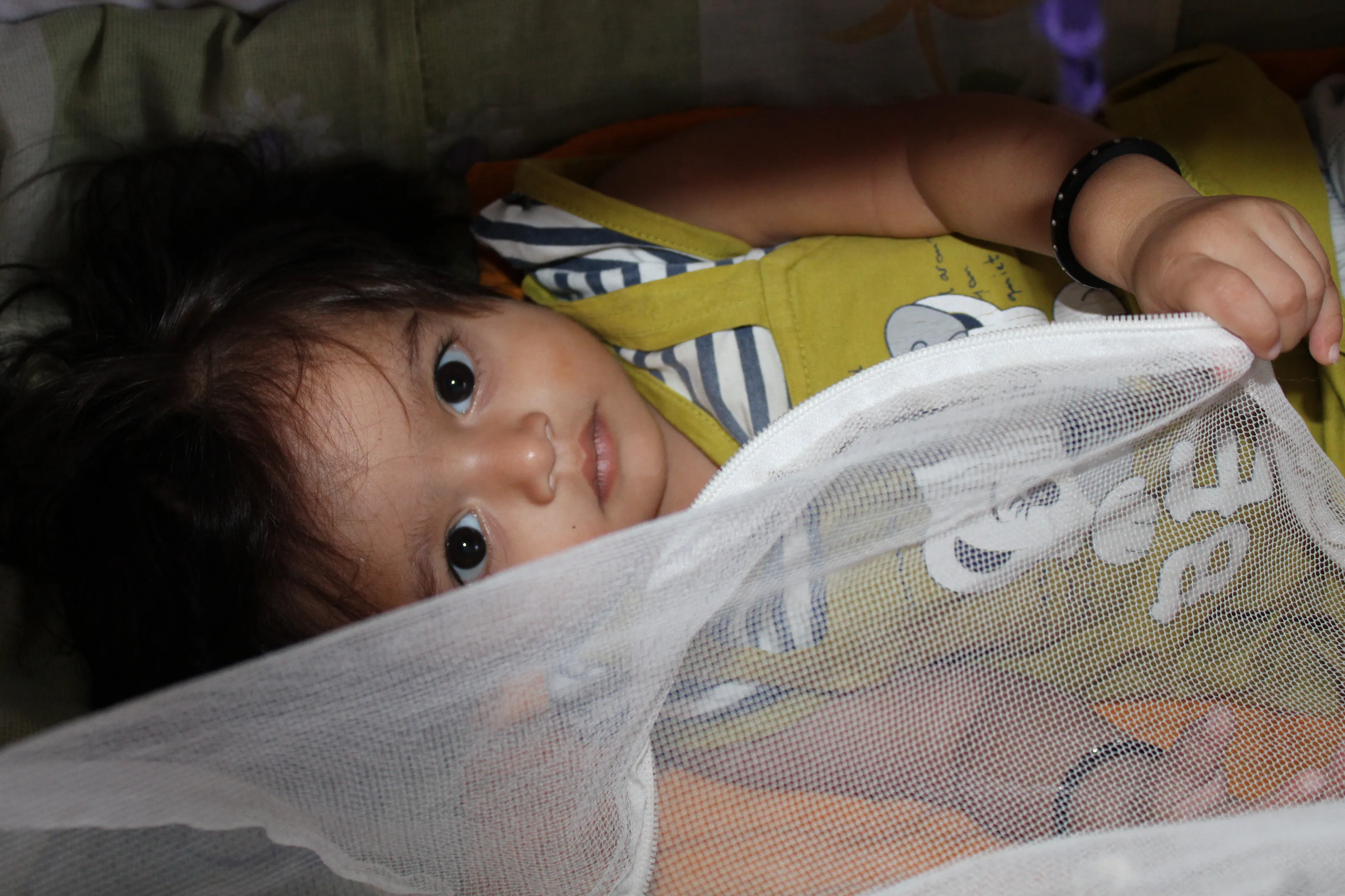 india todler baby girl playing in cradle with mosqito net