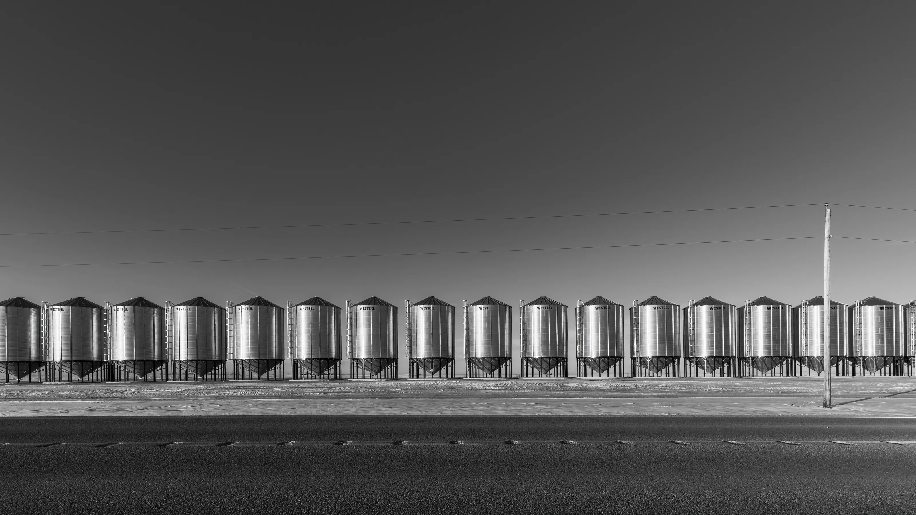 Steel silos near Mossleigh, Alberta.
