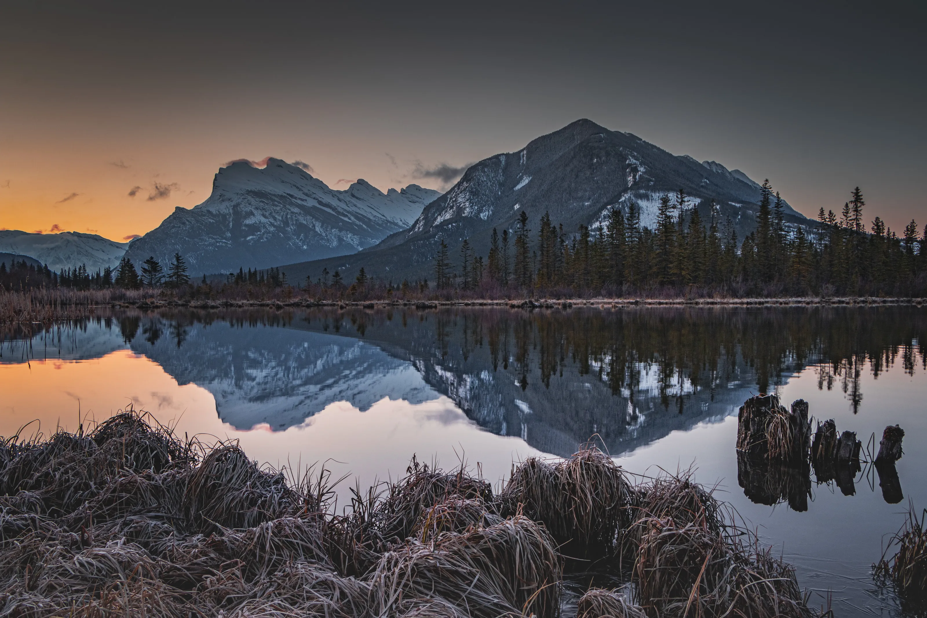 Golden sunrise over Vermillion Lakes.