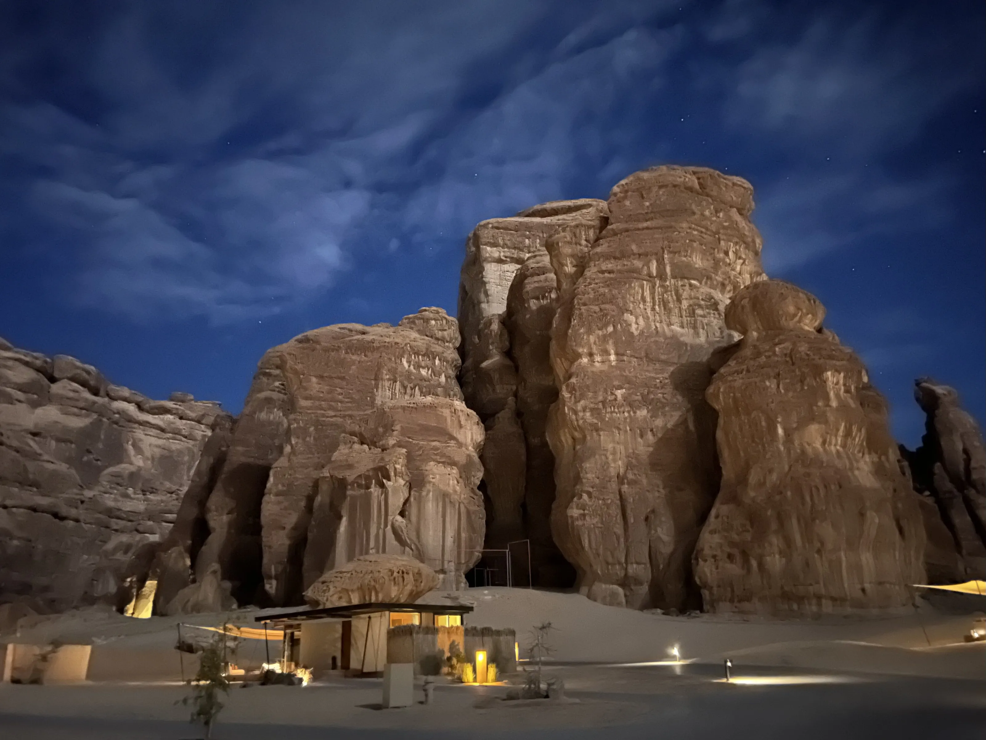 Desert villa camps at night