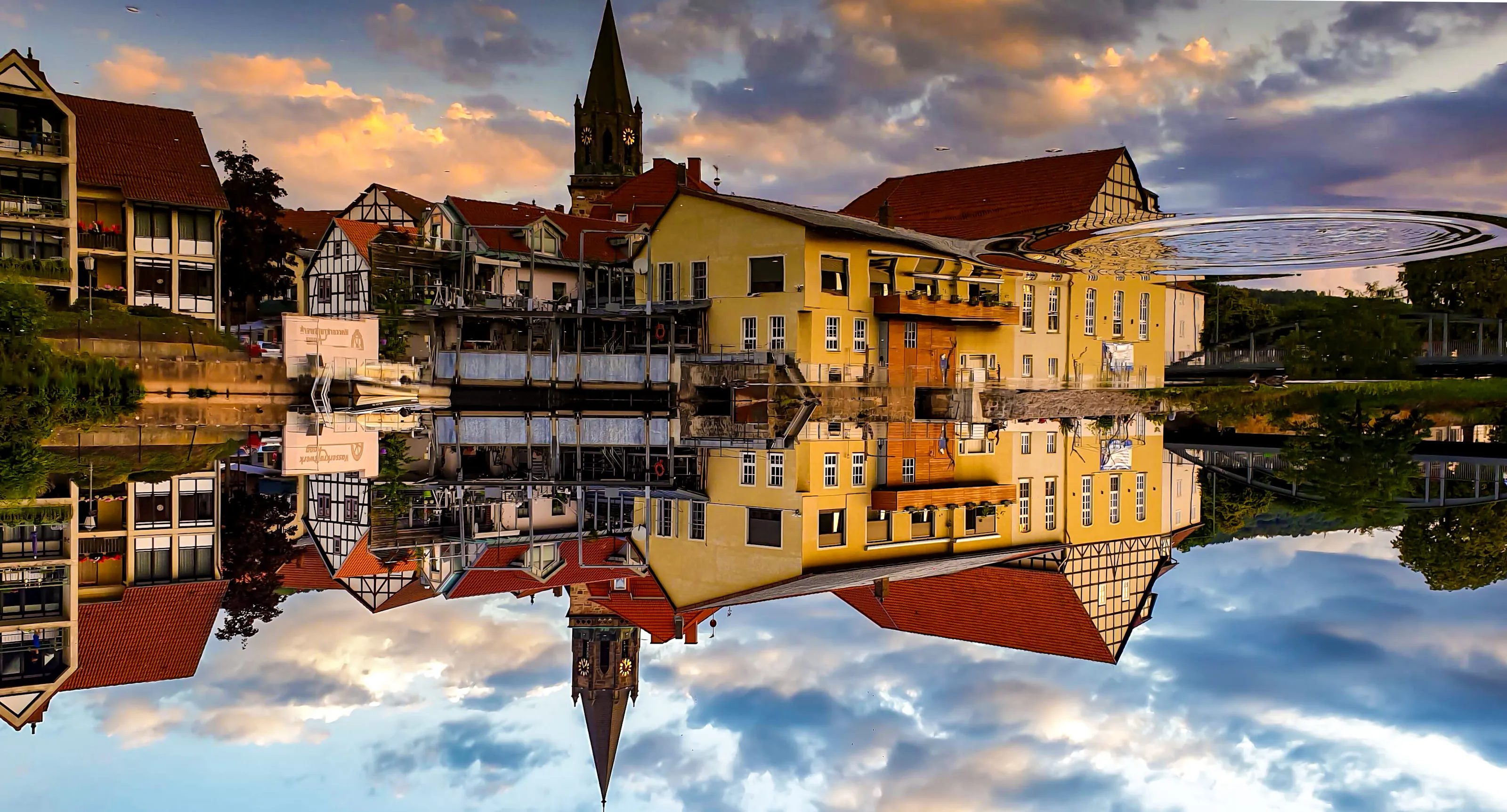 Reflection of church and city skyline