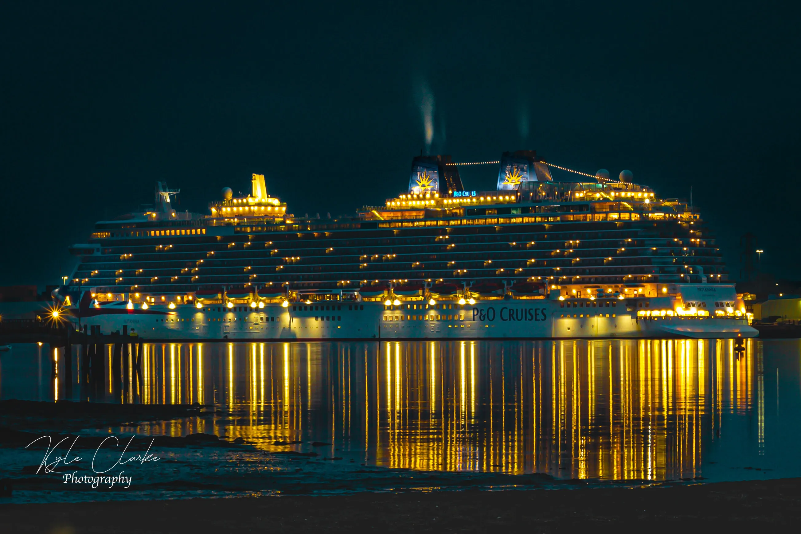 P&O cruise ship at Southampton docks, golden lights