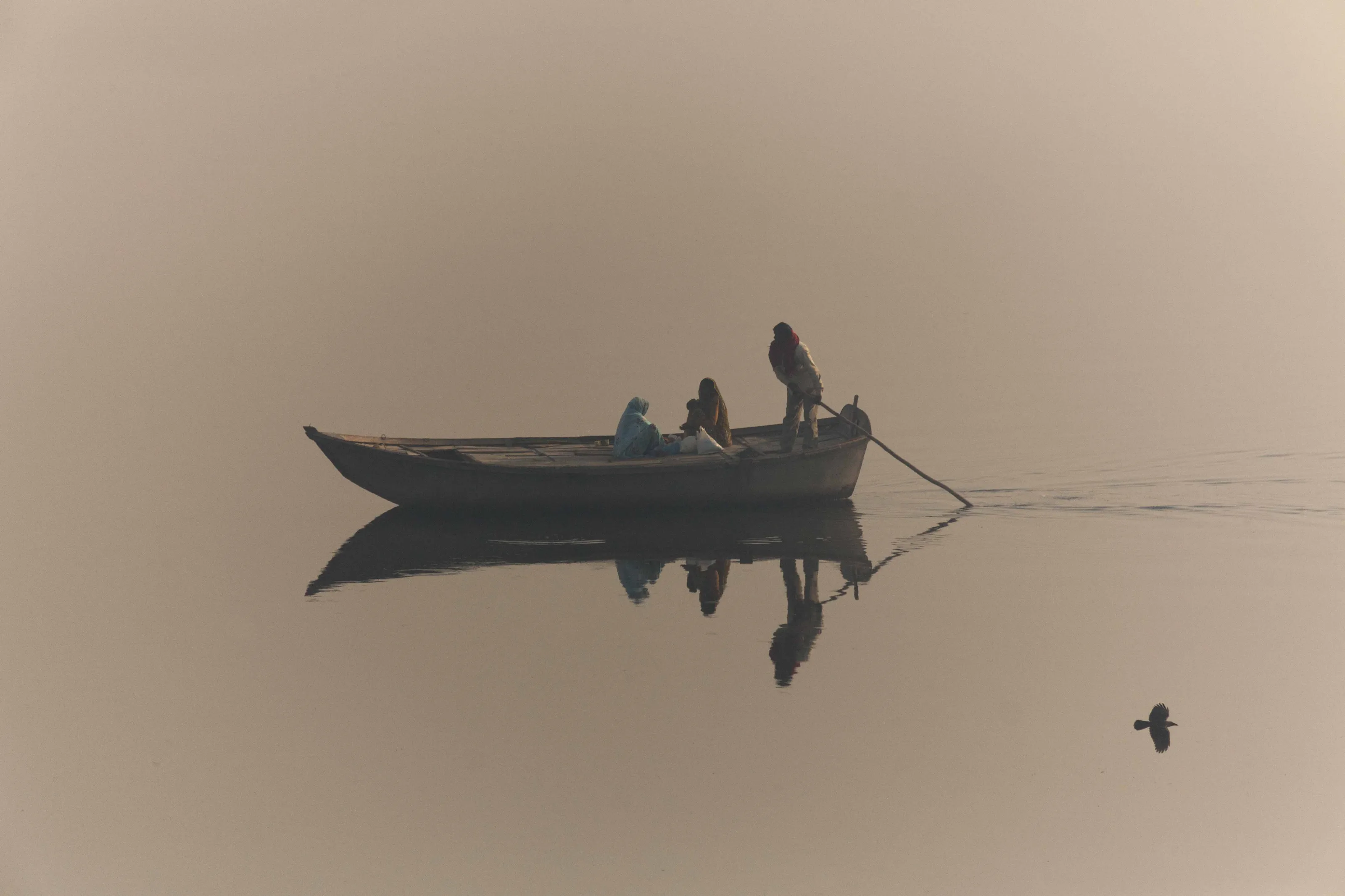 Lone Boat and Bird on The Yamuna River
