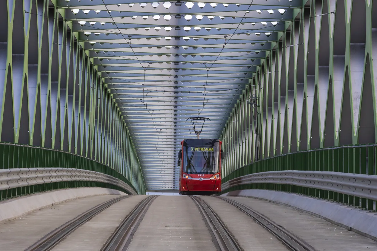 Tram crossing the bridge
