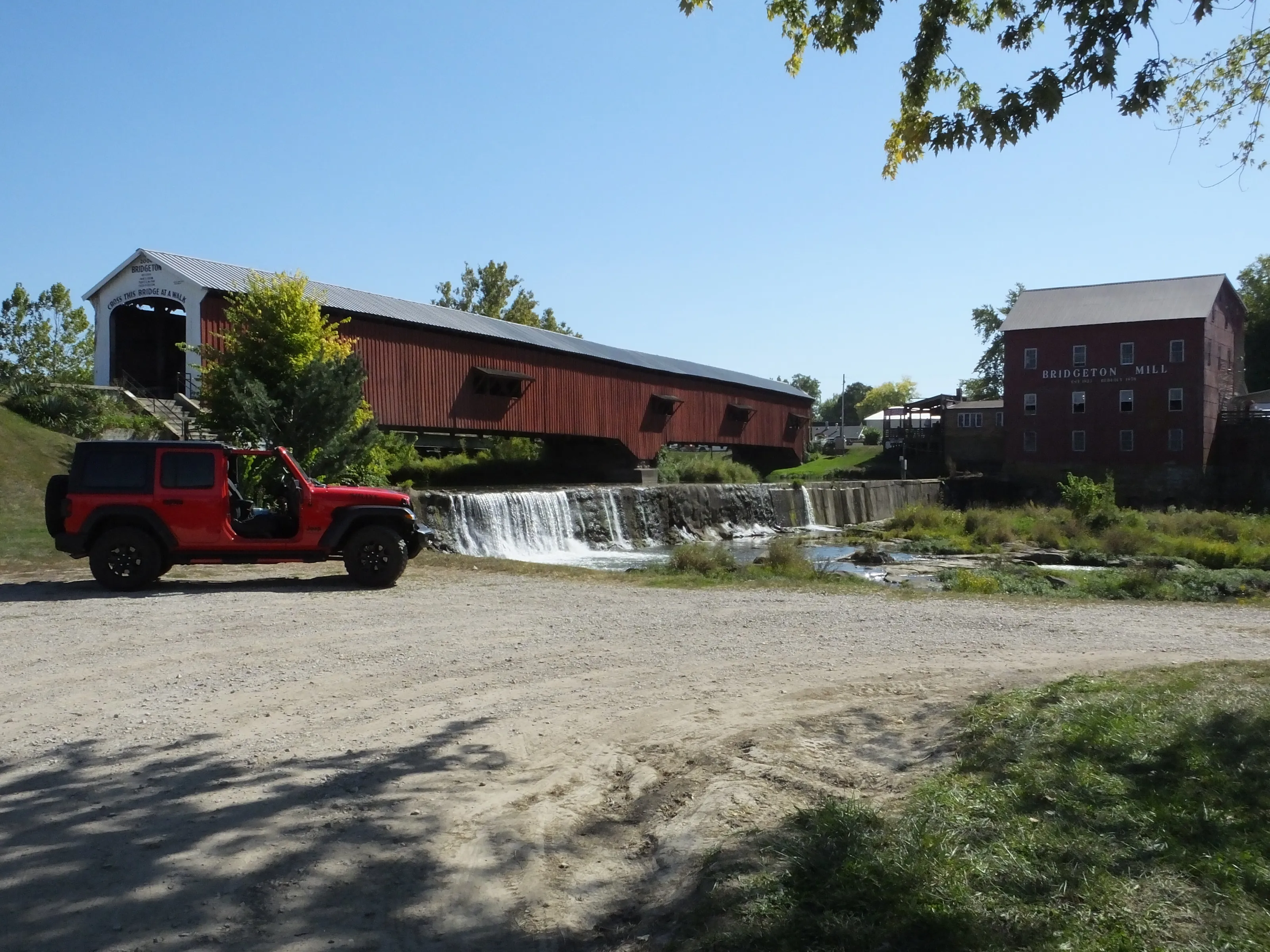 Jeep at covered bridge