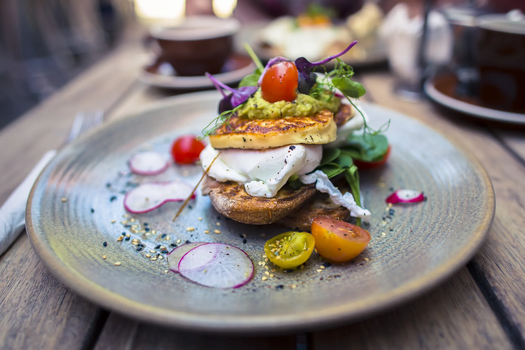 Grilled halloumi with free range poached eggs.