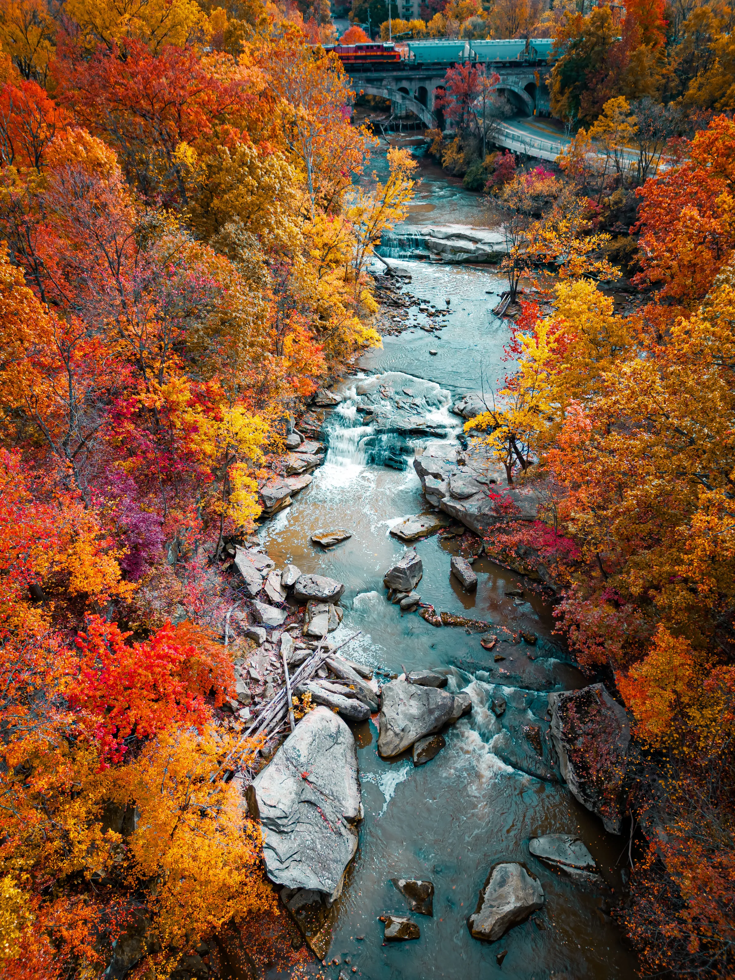 Drone Shot Autumn Waterfall