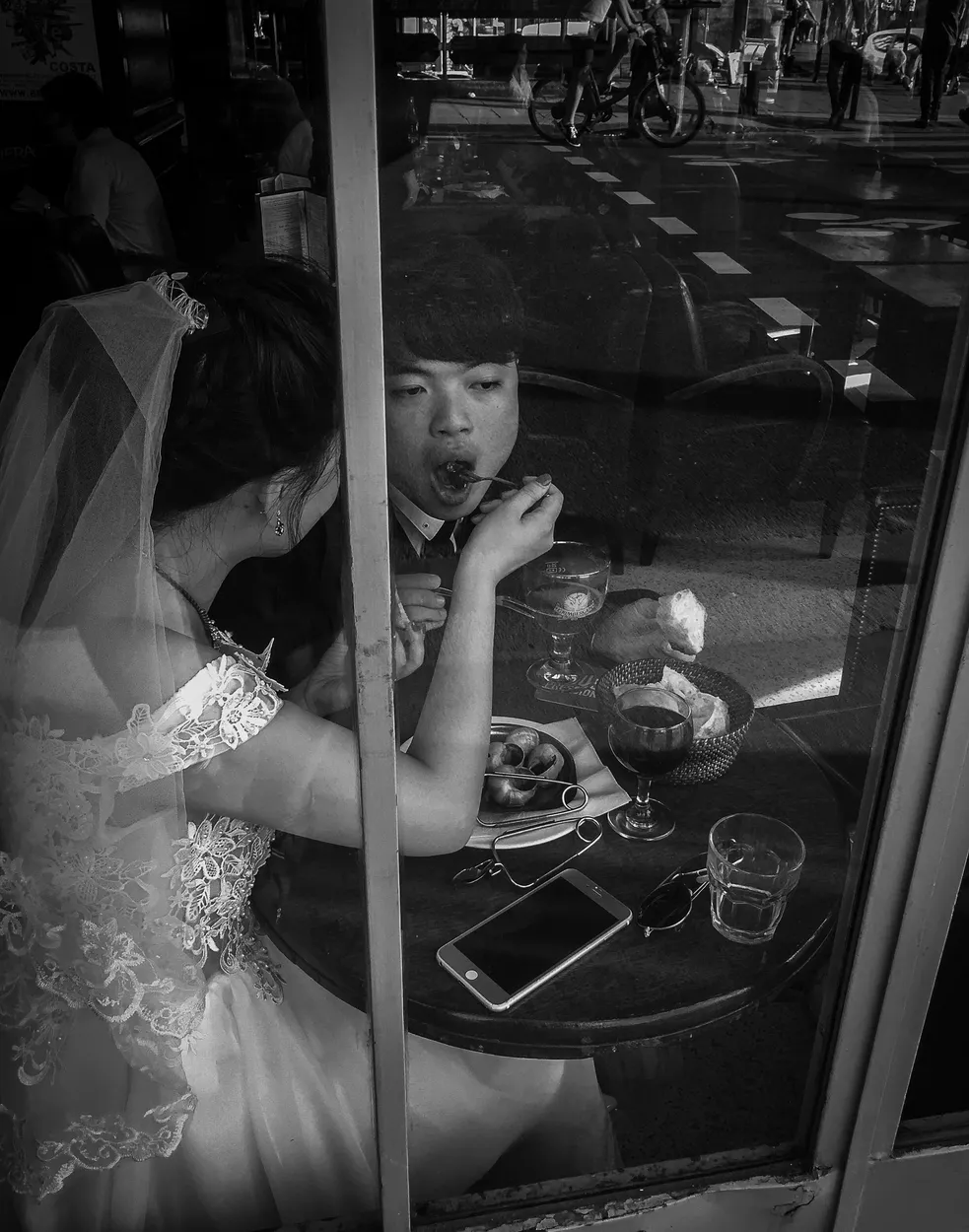 Newlyweds in Paris Cafe
