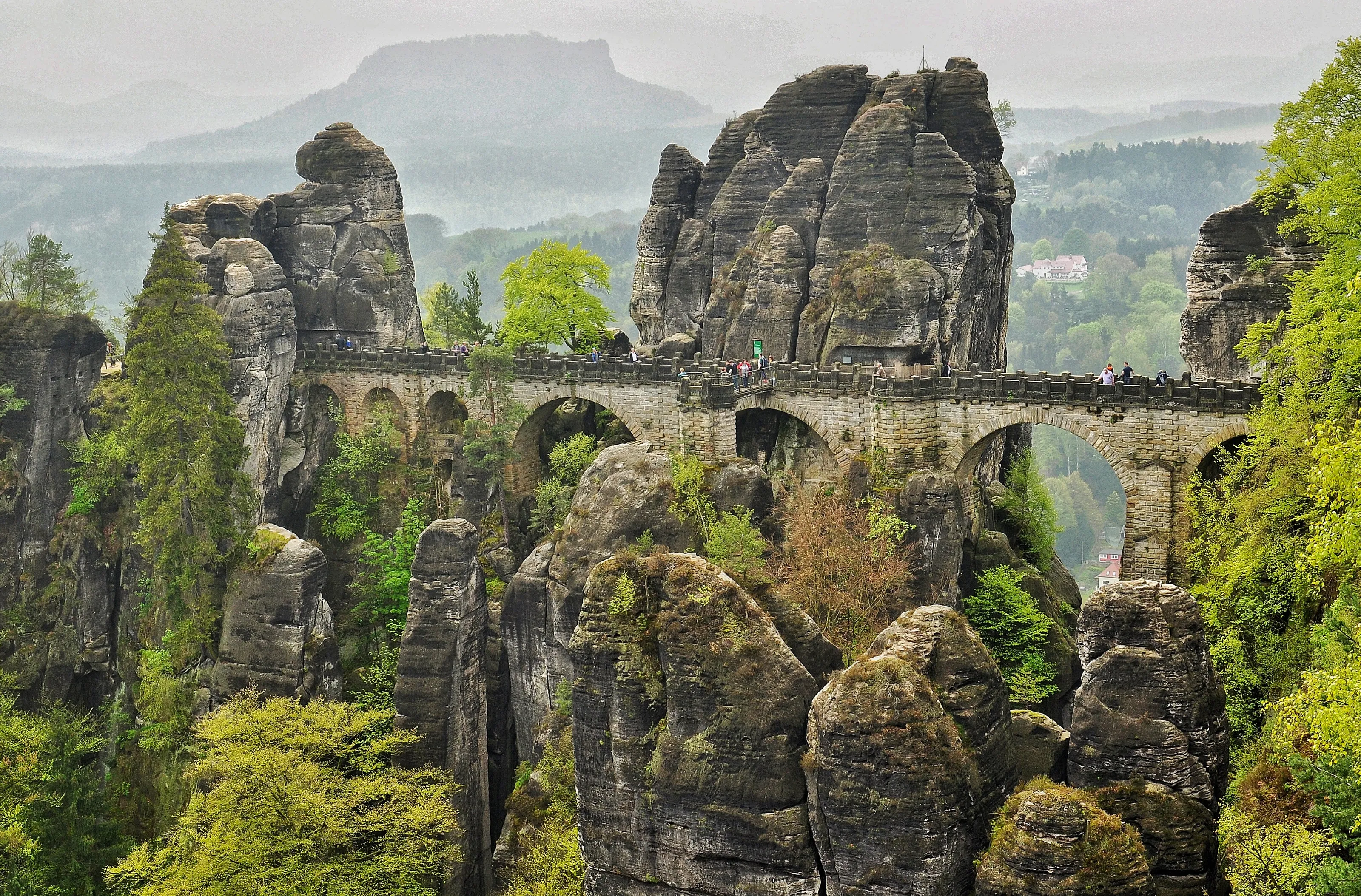 Bastei bridge and mountain view in Saxon Swiss national park in Germany