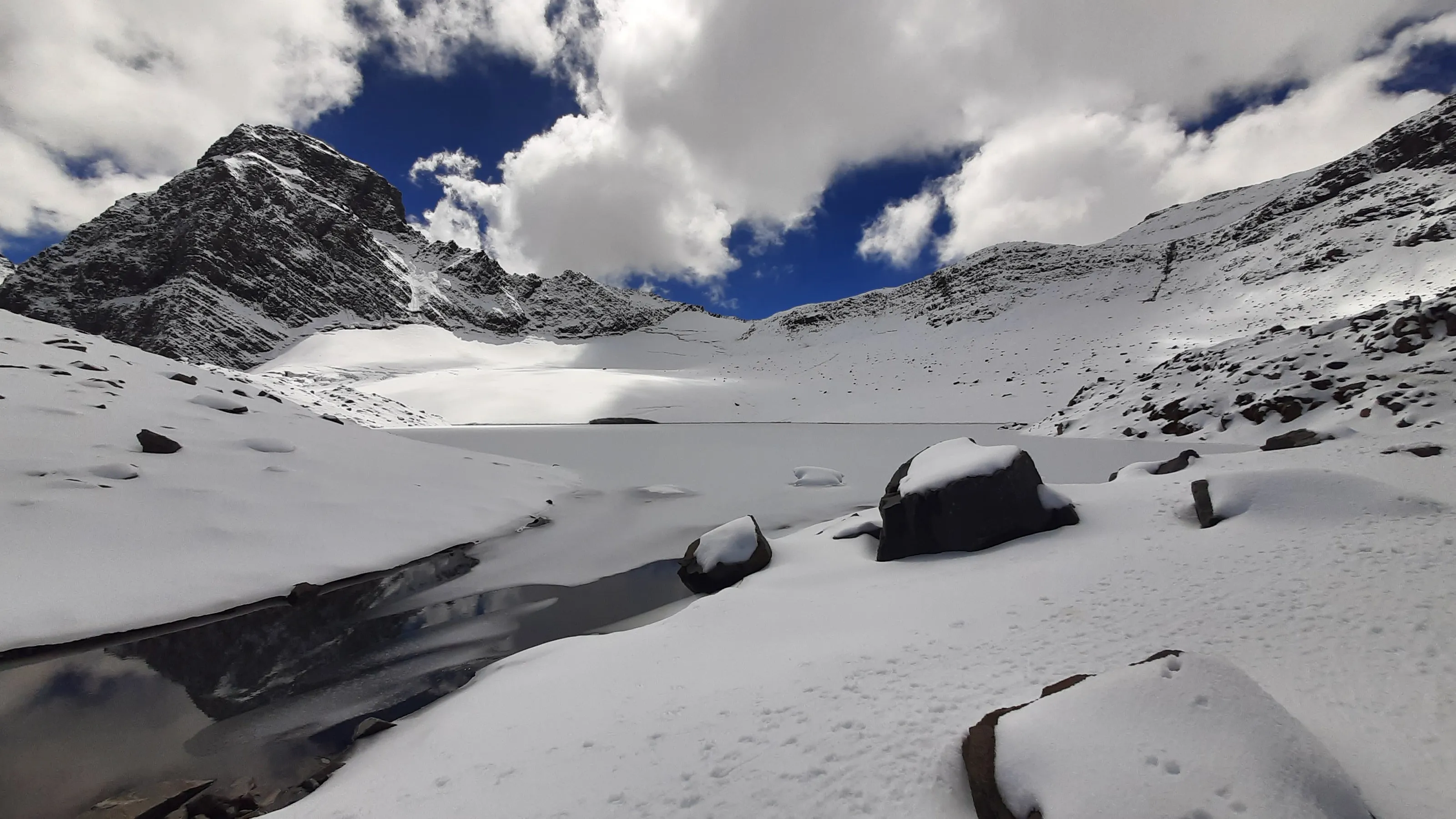 Frozen lake cradled in snowy peaks