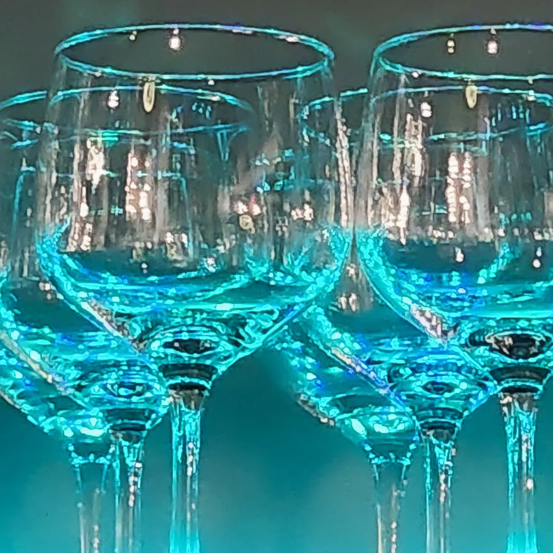 Six blue glasses