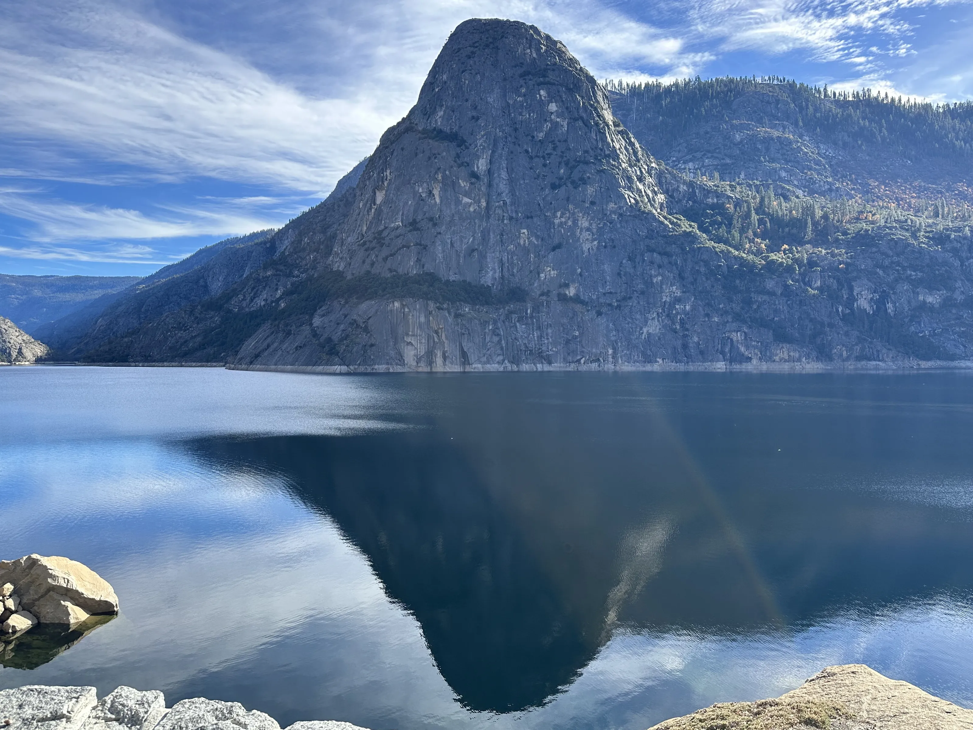 Photo shows mirror image of the hill at Hetch hetchy lake