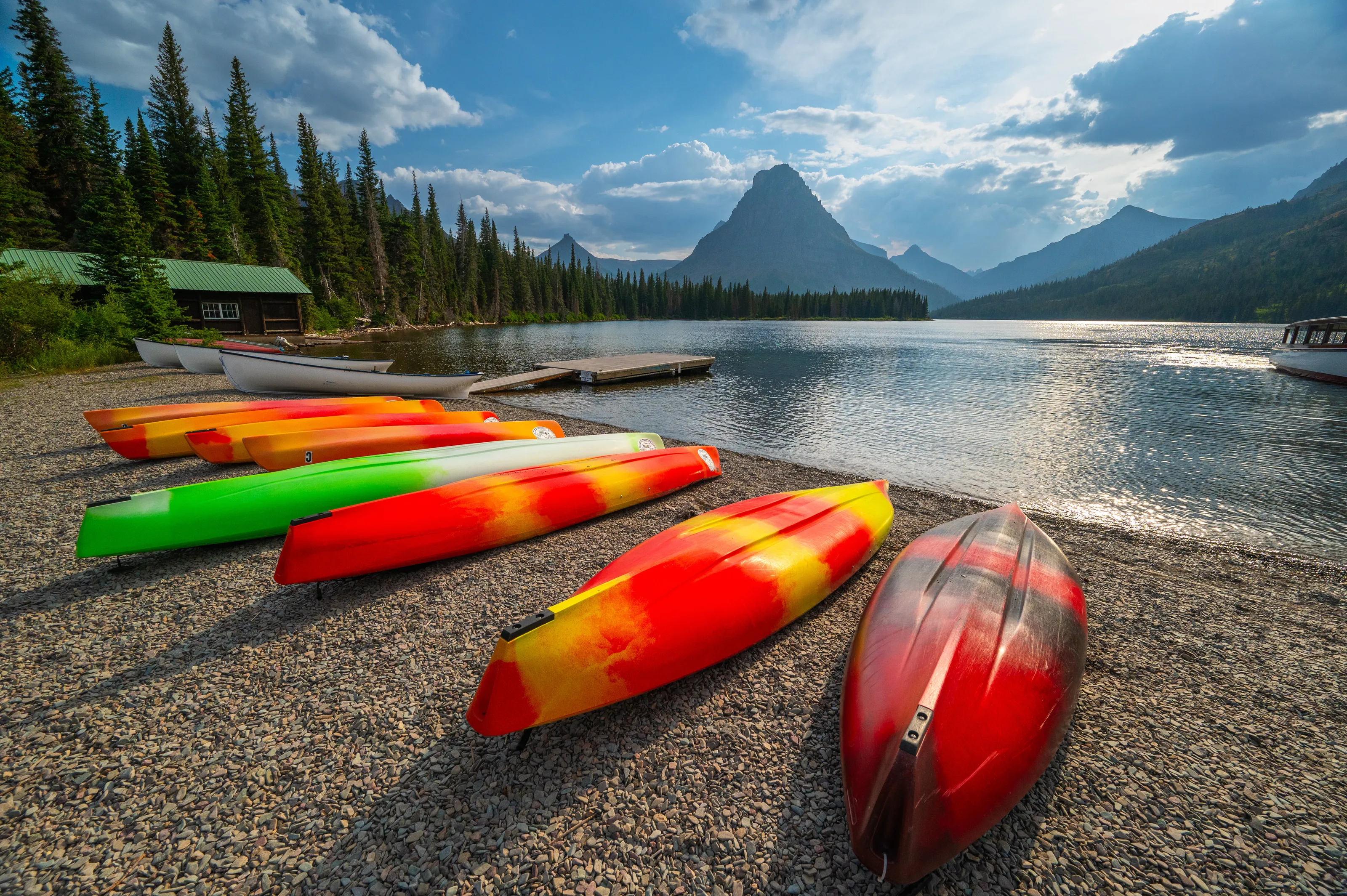 Inverted boats on the bank of Medicine lake in Glaciers
