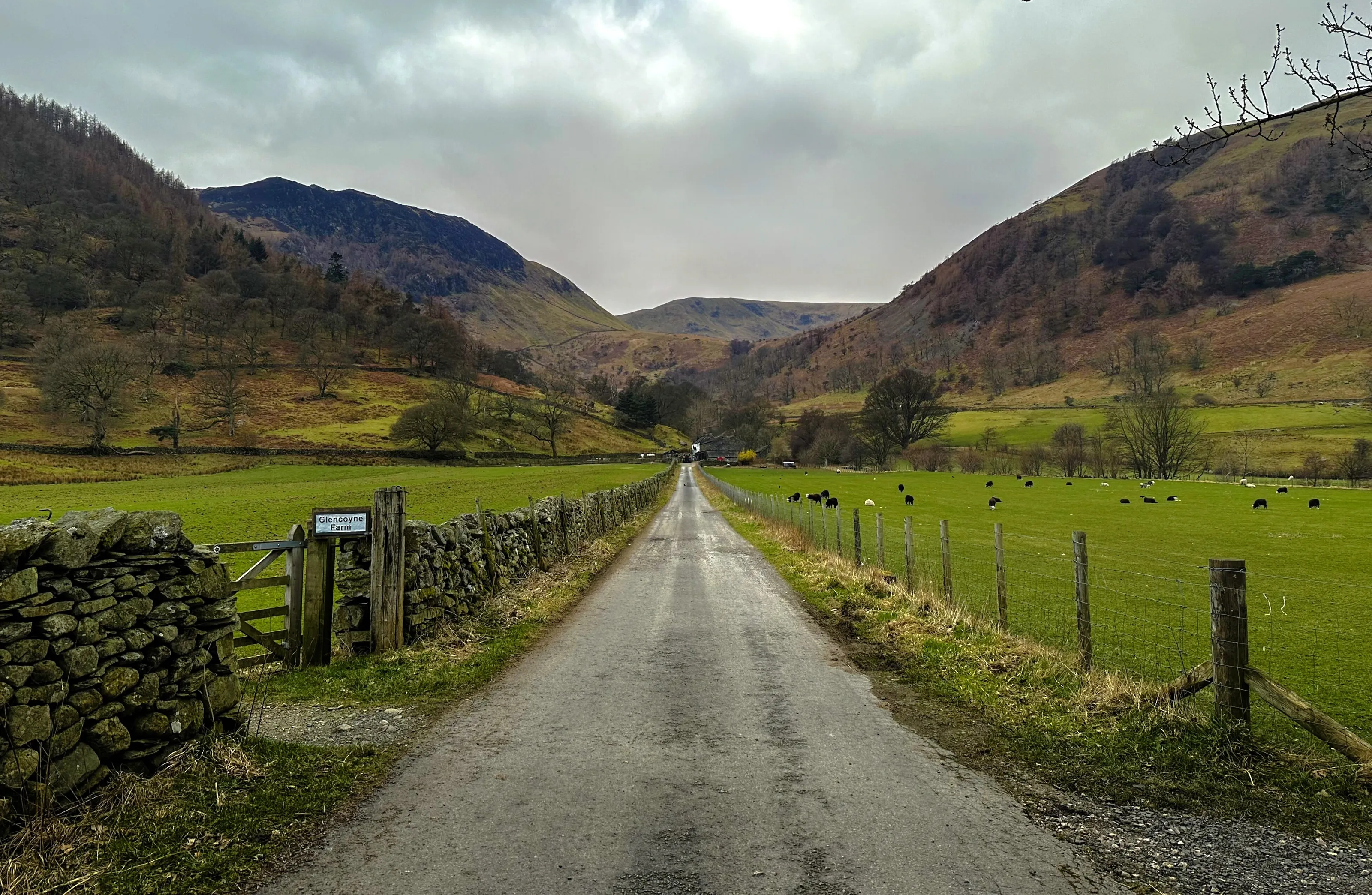 Glencoyne farm framed by Lake District’s mountainous backdrop