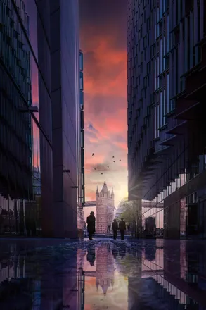 Alley to Tower Bridge sunset Composite image London UK architecture and reflections