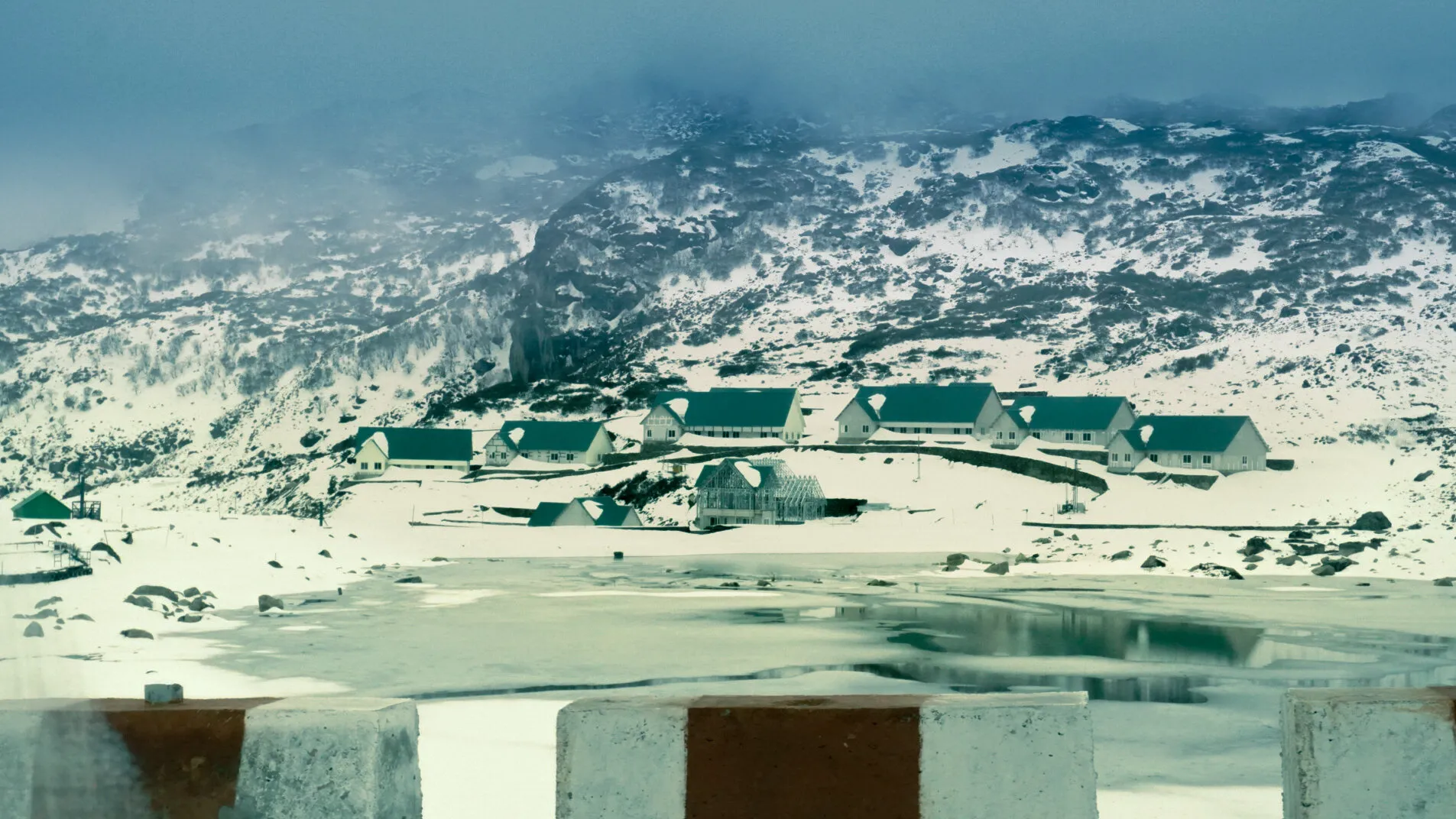 Cottages on a snowy mountain