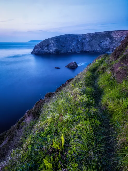 Portreath coastal path at blue hour Cornwall UK