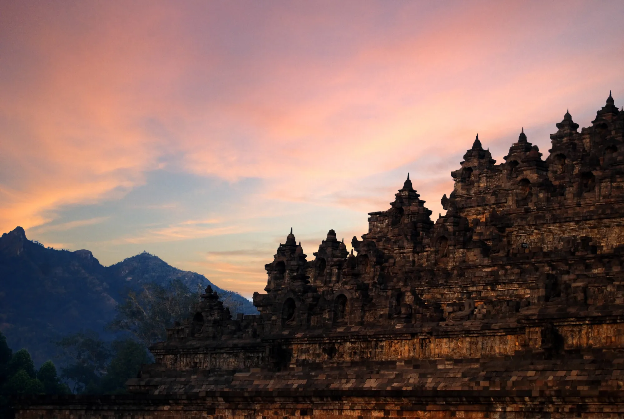 Sunrise over the 9th-century Mahayana Buddhist temple, the Borobudur